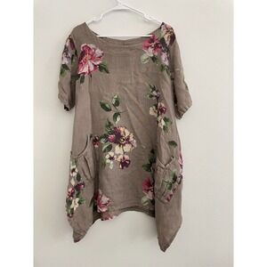 TLL Made in Italy Top Women One Size Beige Floral Pockets Tunic Classic Linen